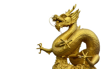 clipping path, Chinese golden dragon statue isolated on white background, copy space