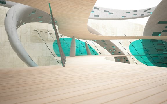 Abstract interior of wood, glass and concrete.3D illustration.  rendering 
