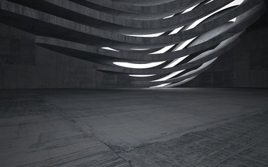 Empty dark abstract concrete room interior. Architectural background. Night view of the illuminated. 3D illustration and rendering