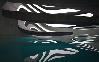 Empty dark abstract concrete room interior with blue water. Architectural background. Night view of the illuminated. 3D illustration and rendering