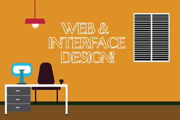 Writing note showing Web And Interface Design. Business photo showcasing Website designers online sites developing Minimalist Interior Computer and Study Area Inside a Room