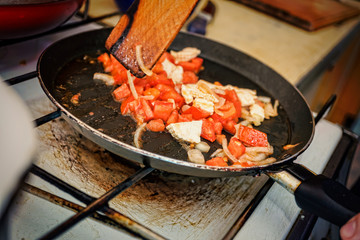 Woman, preparing, breakfast, home kitchen, copy space