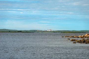 Huge stones on the coastline of the Bolshoy Zayatsky Island. Solovetsky archipelago, White sea, Russia