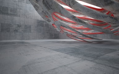 Empty dark abstract concrete smooth interior with red glossy lines . Architectural background. 3D illustration and rendering