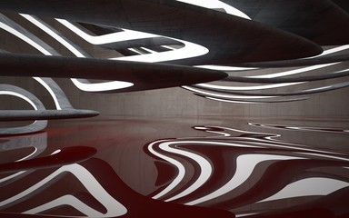 Empty dark abstract concrete room smooth interior with red water. Architectural background. Night view of the illuminated. 3D illustration and rendering