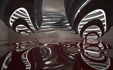 Empty dark abstract concrete room smooth interior with red water. Architectural background. Night view of the illuminated. 3D illustration and rendering