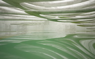 Empty dark abstract concrete smooth interior with green water . Architectural background. 3D illustration and rendering