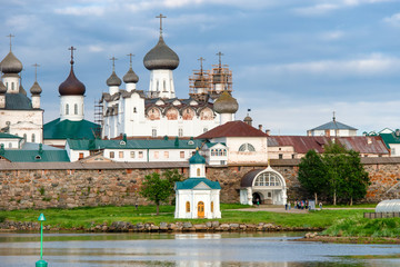 Spaso-Preobrazhensky Solovetsky Monastery in the summer from the Bay of well-being, Russia