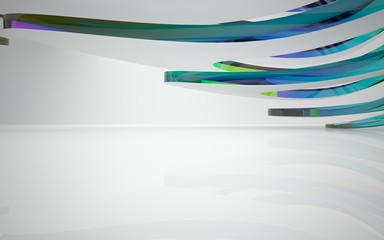 abstract architectural interior with white sculpture and geometric gradient glass lines. 3D illustration and rendering