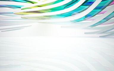 abstract architectural interior with gradient geometric glass sculpture. 3D illustration and rendering