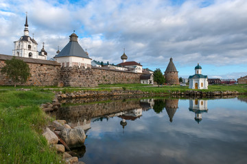 Spaso-Preobrazhensky Solovetsky Monastery in the summer from the Bay of well-being, Russia