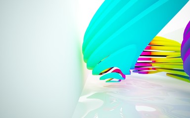 Abstract dynamic interior with gradient colored objects. 3D illustration and rendering