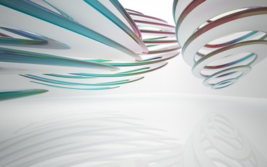 White smooth abstract architectural background whith colored gradient lines . 3D illustration and rendering