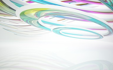 abstract architectural interior with colored smooth glass sculpture. 3D illustration and rendering