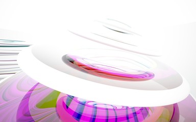 abstract architectural interior with colored smooth glass sculpture. 3D illustration and rendering