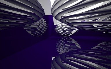 Abstract dynamic interior with white smooth objects and violet room . 3D illustration and rendering