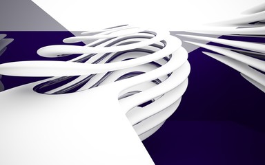Abstract dynamic interior with white smooth objects and violet room . 3D illustration and rendering
