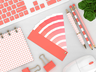 3d render of stationery with living coral color palette guide