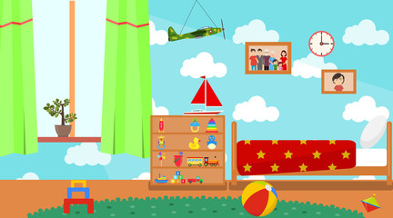 Kindergarten room. Empty playschool room with toys and furniture. Cartoon kids bedroom interior. Home childrens room with kid bed and child toys. Vector illustration.
