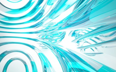 Abstract dynamic interior with  blue glass smoth wave objects. 3D illustration and rendering