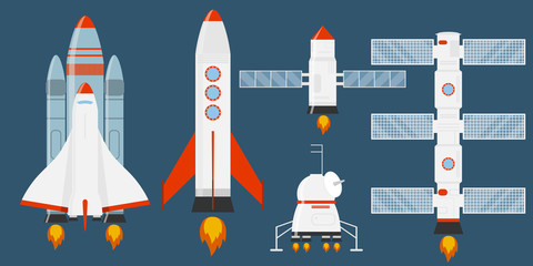 Astronautics and space technology set. Rocket Set. A collection of different rockets. Cartoon rocket, shuttle, spaceship, launch vehicle. Space travel. © dvolkovkir1980