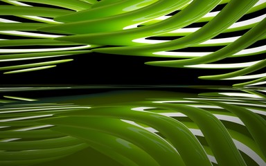 Fototapeta na wymiar Abstract interior of the future in a minimalist style with green sculpture. Night view . Architectural background. 3D illustration and rendering