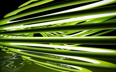 Abstract interior of the future in a minimalist style with green  sculpture. Night view . Architectural background. 3D illustration and rendering