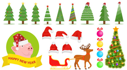 Naklejka premium Set of Christmas and New Year's elements. Santa Claus hat, Christmas tree, Christmas decorations, sleigh with Santa Claus hat and deer.