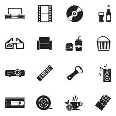 Movie Night Icons. Black Flat Design. Vector Illustration.