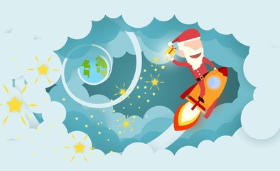 Santa claus drive rocket launch and smoke through cloud into space. Startup - flat design. Vector illustration.