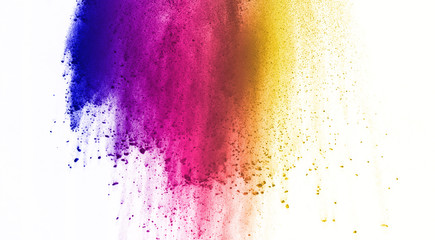 abstract powder splatted background. Colorful powder explosion on white background. Colored cloud. Colorful dust explode. Paint Holi.
