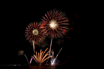 Festive beautiful colorful fireworks display on the sea beach, Amazing holiday fireworks party or any celebration event in the dark sky