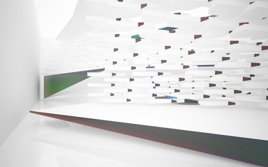 abstract architectural interior with white sculpture and geometric gradient glass lines. 3D illustration and rendering