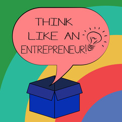Conceptual hand writing showing Think Like An Entrepreneur. Business photo text Have an entrepreneurship mind Start up strategy Idea icon in Blank Halftone Speech Bubble Over Carton Box