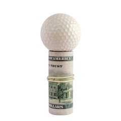 A roll of American hundred dollar bills tied with a white rubber band with a golf ball on top....