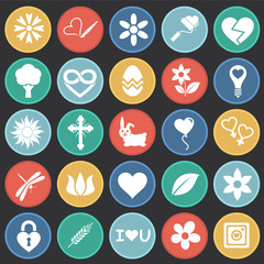 Spring icons set on color circles black background for graphic and web design, Modern simple vector sign. Internet concept. Trendy symbol for website design web button or mobile app