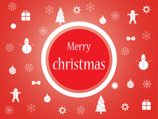 Merry Christmas red poster with snowmen, Christmas trees and presents