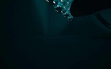 Abstract interior of the future in a minimalist style with green  sculpture. Night view . Architectural background. 3D illustration and rendering