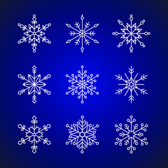 Fototapeta na wymiar 9 snowflakes flat style design vector illustration set icon signs isolated on dark blue gradient background. Symbols and elements of holidays, christmas, new year and winter