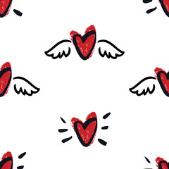 Hearts with wings Hand Drawing Seamless Pattern Valentine day illustration