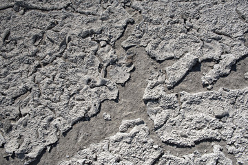 Dry lake bed with natural texture of cracked clay and salt on the ground cause of dehydration for a long time, Nxai Pan National Park, Botswana