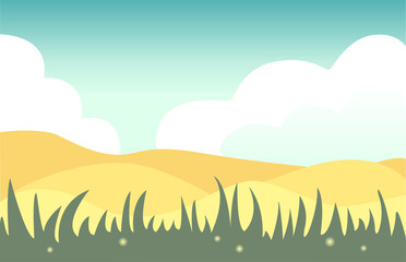 Back three-line background for various inscriptions and designs. Landscape composition. View of a field or a desert among the clouds.