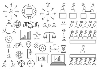 Business icons set,Collection solution outline icons include icons such as point of service, Icons for business, management, finance,  strategy, marketing,target, puzzle, light bulb, lamp, tactics, id