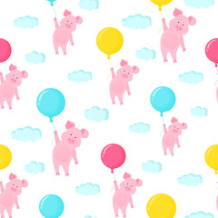 Cute pig flying in the sky holding the balloon. Funny piggy vector cartoon character. Seamless pattern.
