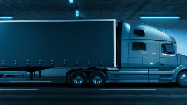 Trailer truck rides through tunnel with cold blue light style 3d rendering