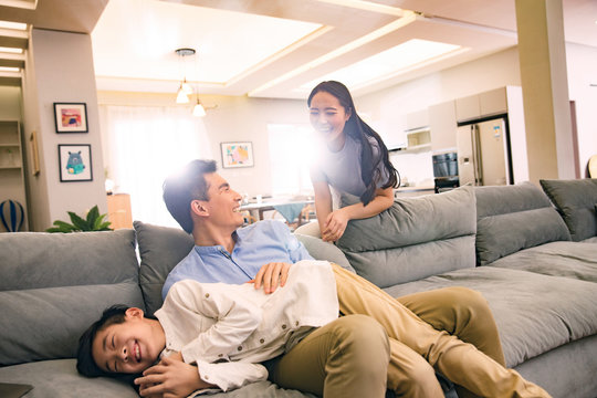 Happy family in the living room