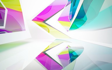 abstract architectural interior with gradient geometric glass sculpture. 3D illustration and rendering