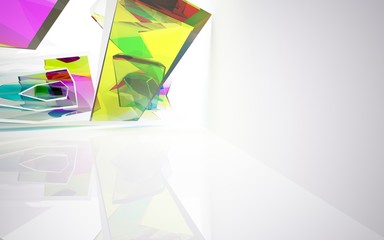 abstract architectural interior with gradient geometric glass sculpture. 3D illustration and rendering