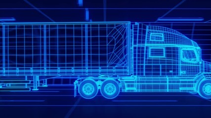 Blue wireframe Trailer Truck rides through Blue tunnel 3d rendering