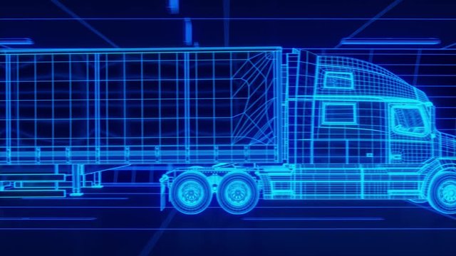 Blue wireframe Trailer Truck rides through Blue tunnel 3d rendering